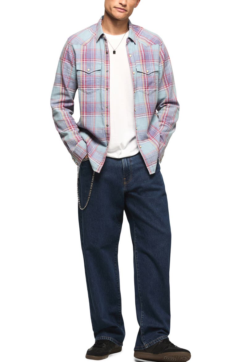 Plaid Flannel Acid Wash Western Shirt, Alternate, color, CREAM MULTI