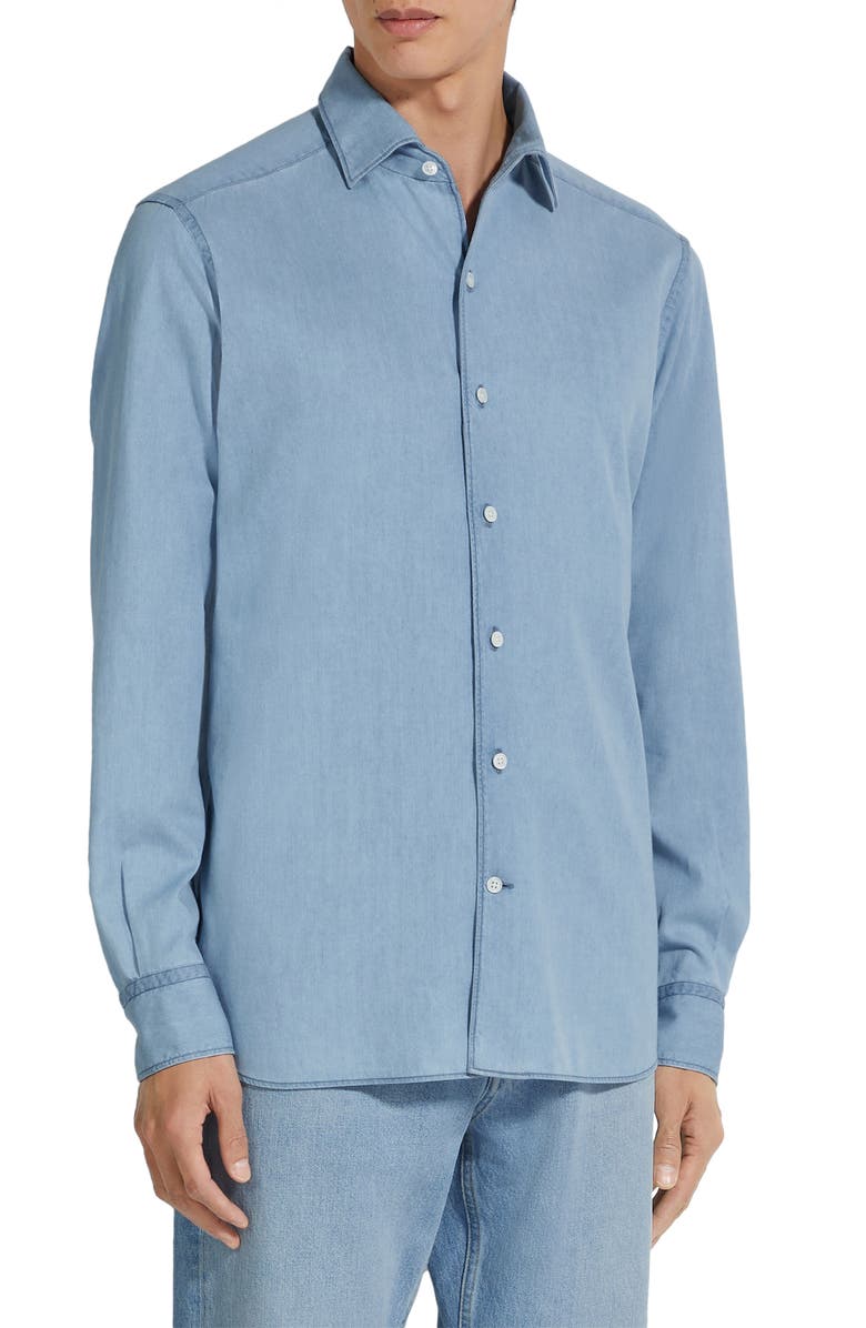 ZEGNA Cashco Cotton & Cashmere Denim Button-Up Shirt, Main, color, Ghiaccio