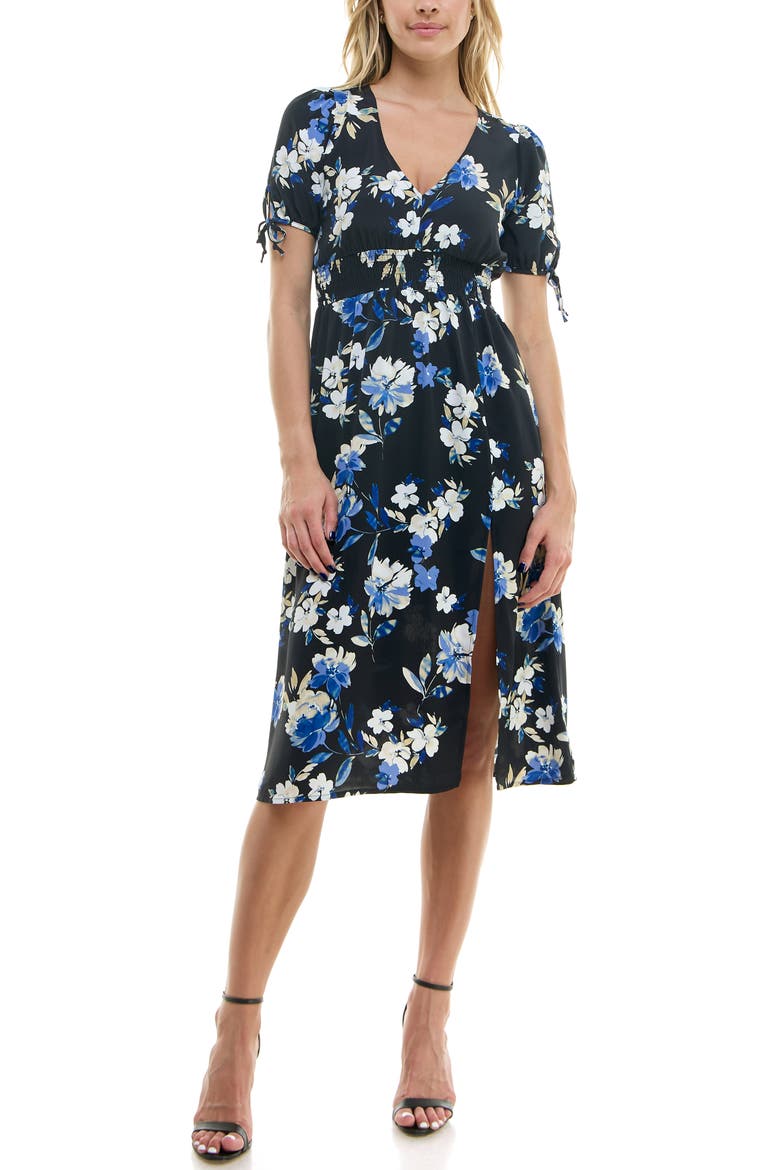Puffy Sleeves Floral V-Neck Midi Dress, Main, color, BLACK FLORAL