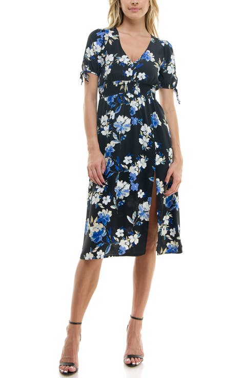 Puffy Sleeves Floral V-Neck Midi Dress
