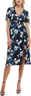 Socialite Puffy Sleeves Floral V-Neck Midi Dress