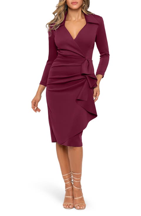 Ruffle Scuba Crepe Faux Wrap Midi Dress