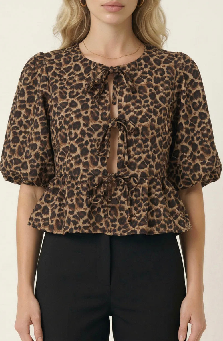 Modenaire Peplum Top With Front Tie Closures And Short Puff Sleeves, Main, color, Leopard Print