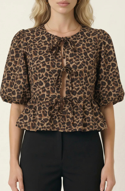 Peplum Top With Front Tie Closures And Short Puff Sleeves