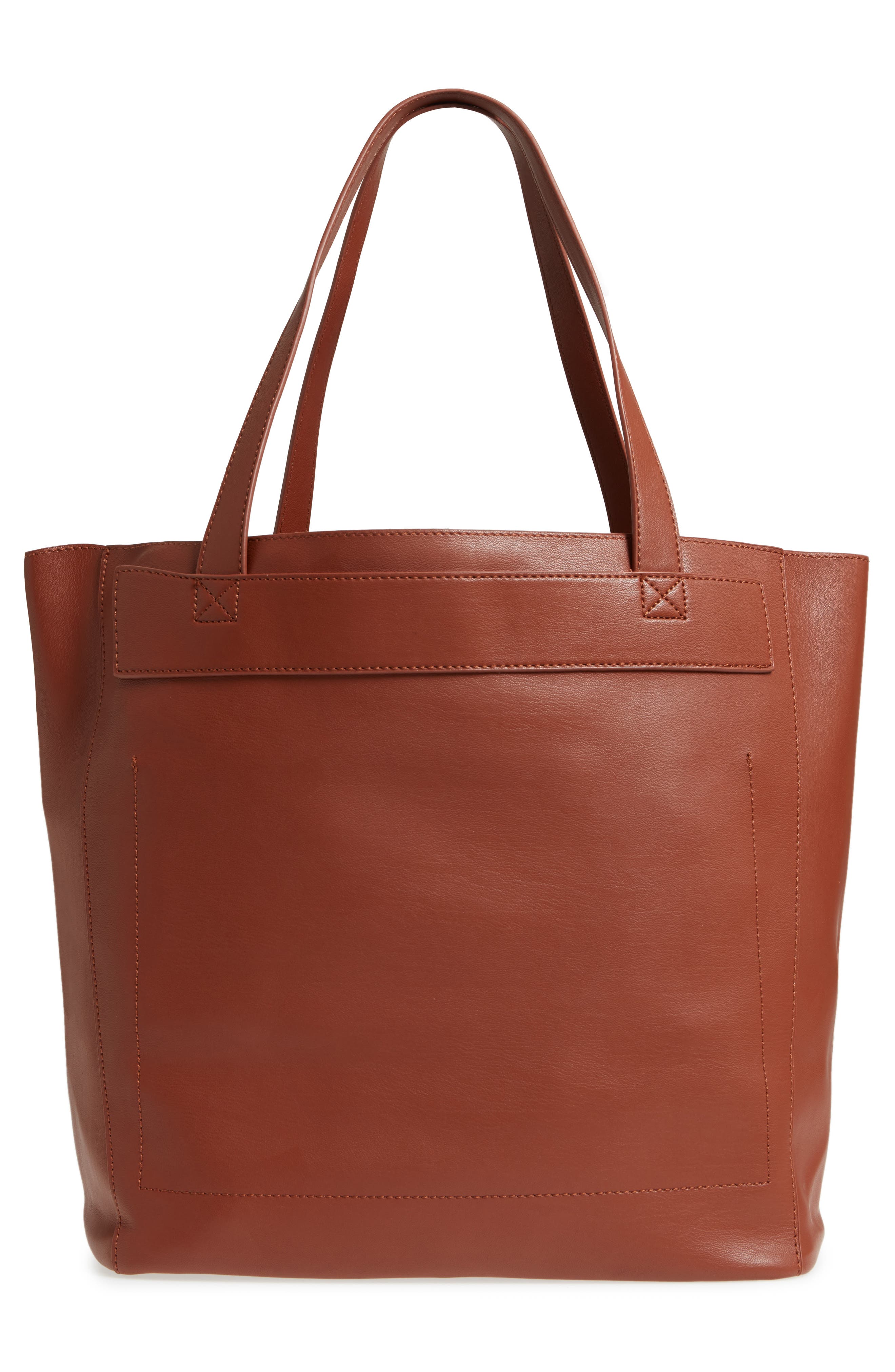 Stitched Faux Leather Tote, Alternate, color, COGNAC