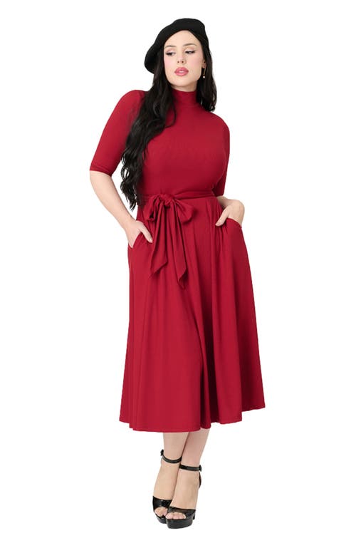 Unique Vintage 1950s Turtleneck Midi Dress In Red