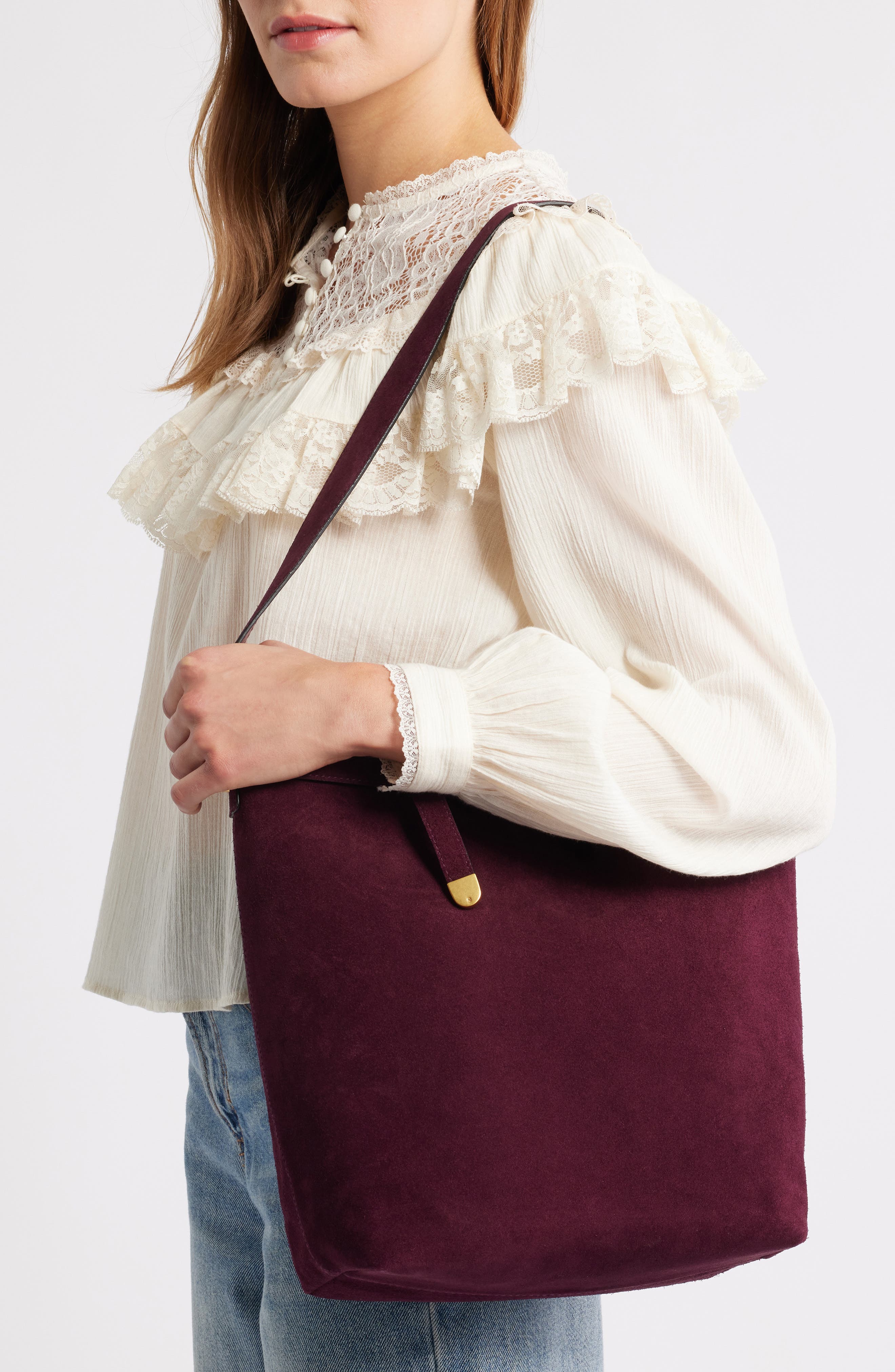 Madewell The Essential Belted Suede Bucket Tote, Alternate, color, Dark Burgundy