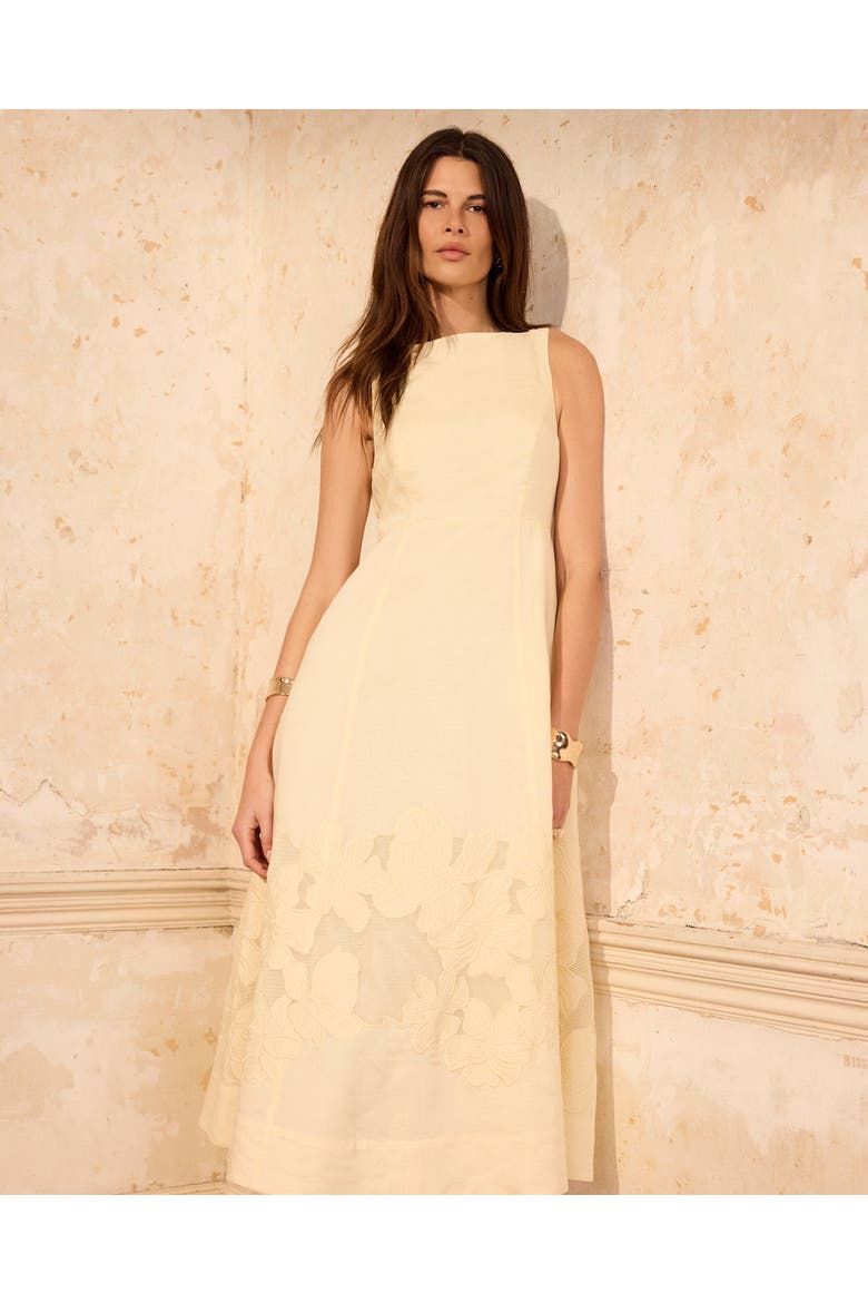 Linen Blend Lace Midi Dress, Alternate, color, Yellow