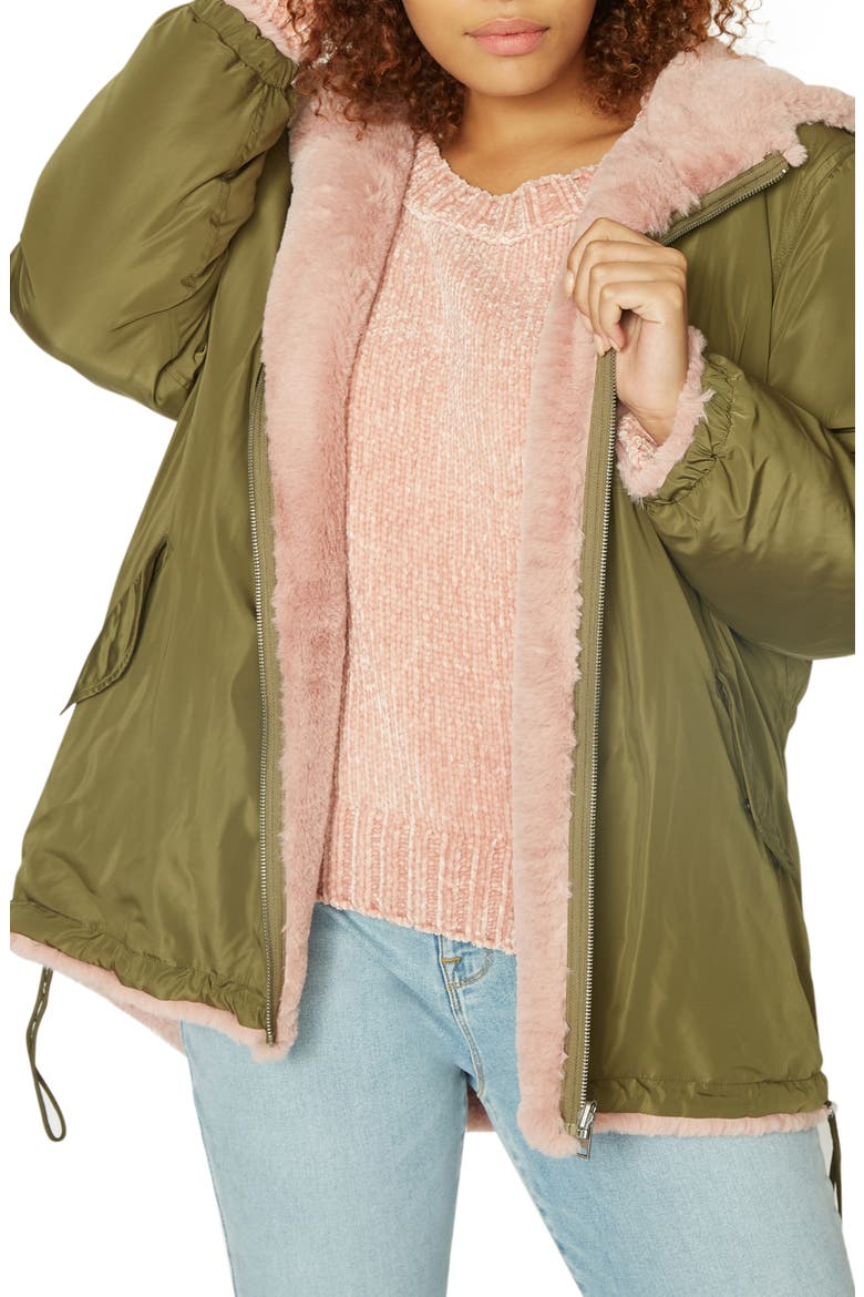 Faux Fur Snug Reversible Mini Parka, Main, color, PRSPRTY GR