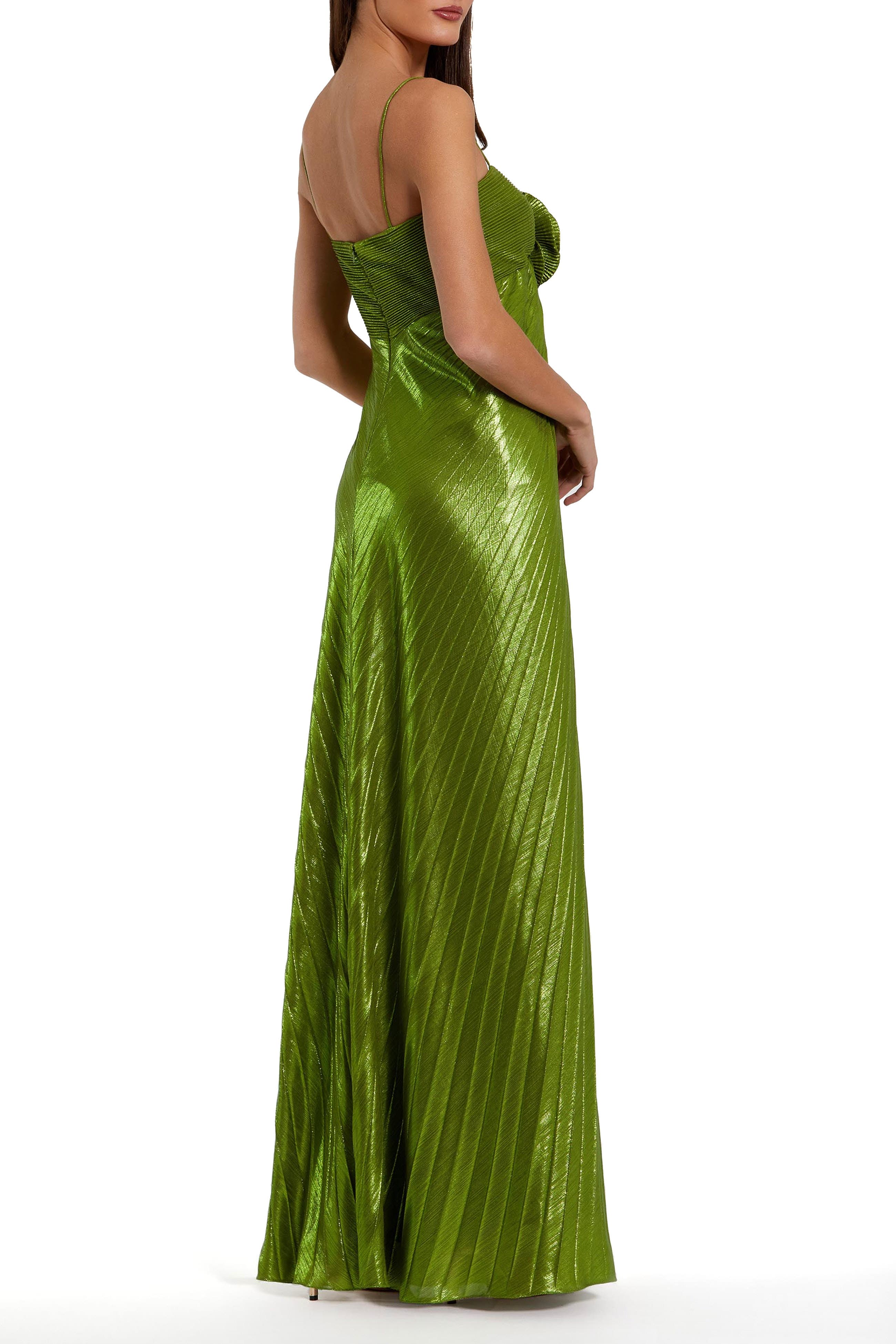 Thin Strap Pleated Metallic Gown With 3D Flower - image 4