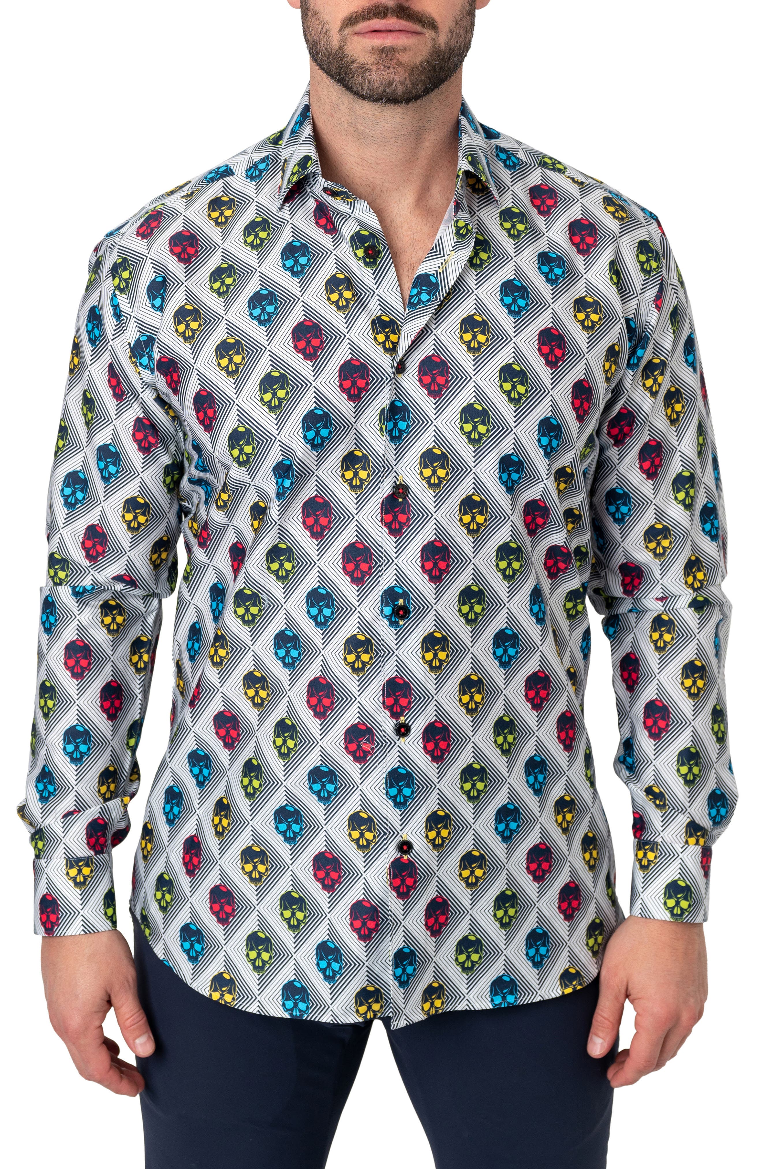 Maceoo Fibonacci Regular Fit Alienskull White Button-Up Shirt