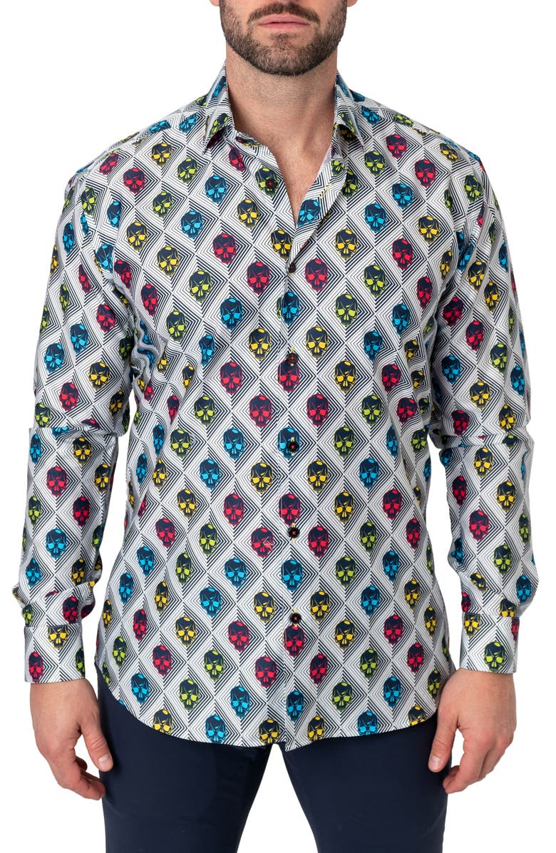 Maceoo Fibonacci Regular Fit Alienskull White Button-Up Shirt, Main, color, White
