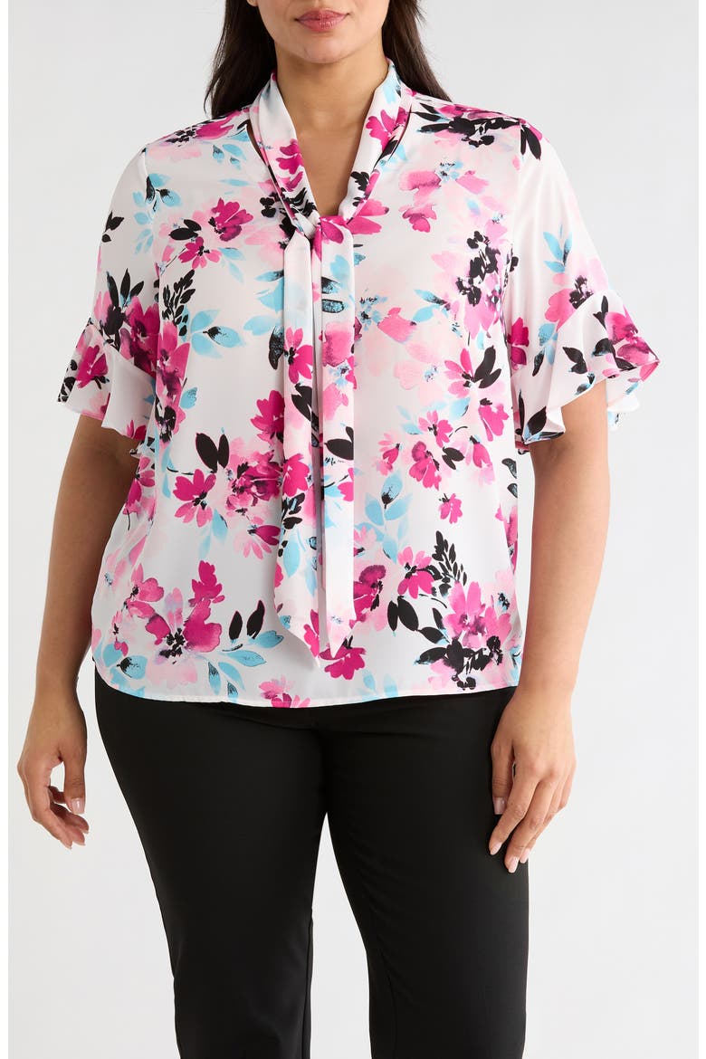 Floral Tie Neck Sleeveless Satin Top, Main, color, LILY WHITE MULTI