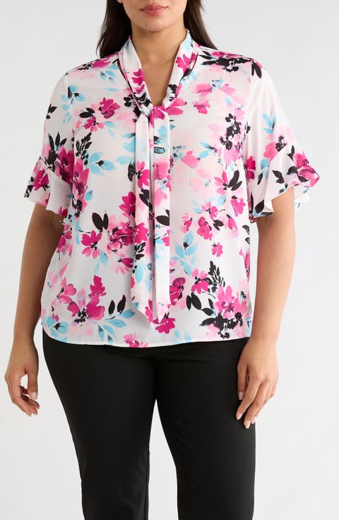 Floral Tie Neck Sleeveless Satin Top (Plus)