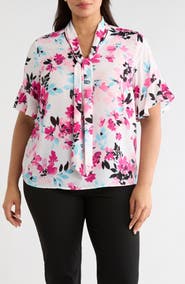 KASPER Floral Tie Neck Sleeveless Satin Top