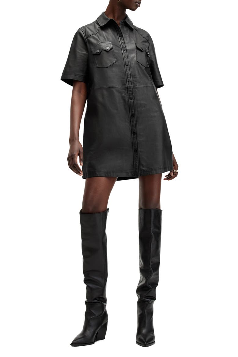 Rock Western Leather Mini Shirtdress, Main, color, BLACK