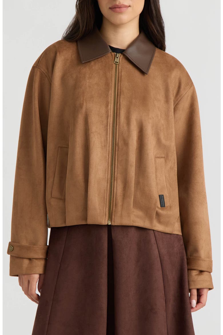 Harrington Faux Suede Zip Front Jacket, Main, color, BRITISH TAN