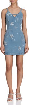 Avec Les Filles Faux Pearl Floral Detail Denim Dress