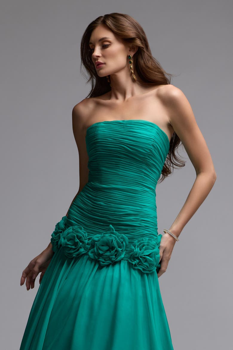 Strapless Chiffon Drop Waist Ball Gown with Floral Appliqué, Alternate, color, Spring Green