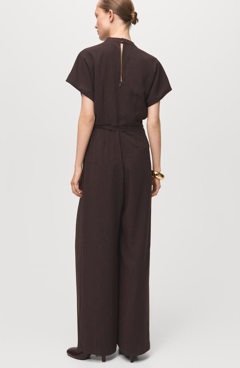 MANGO Pleated Tie Belt Jumpsuit, Alternate, color, Brown