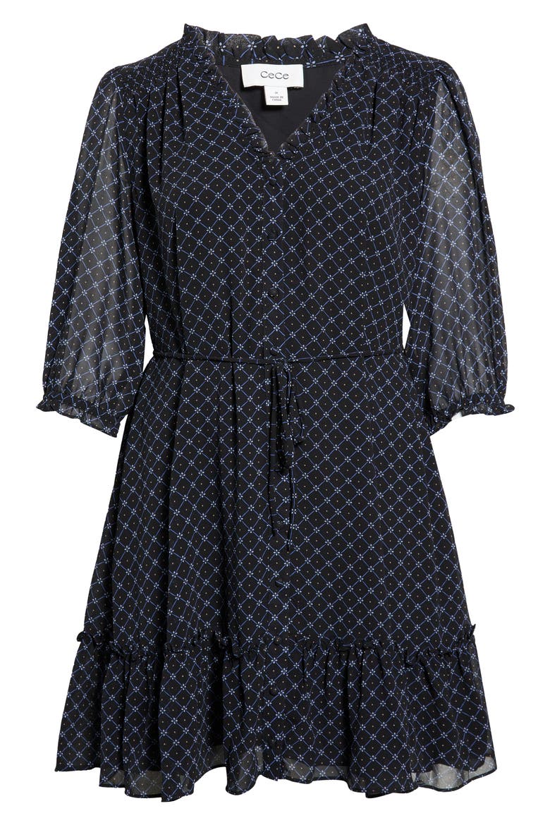 Ruffled V-Neck Mini Dress, Main, color, RICH BLACK