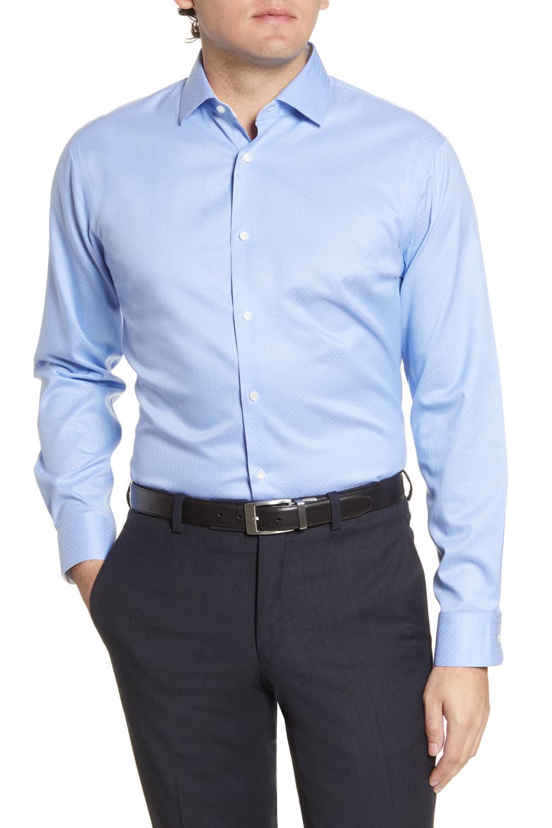 Trim Fit Non-Iron Dot Dress Shirt, Main, color, BLUE DOBBY HERRINGBONE