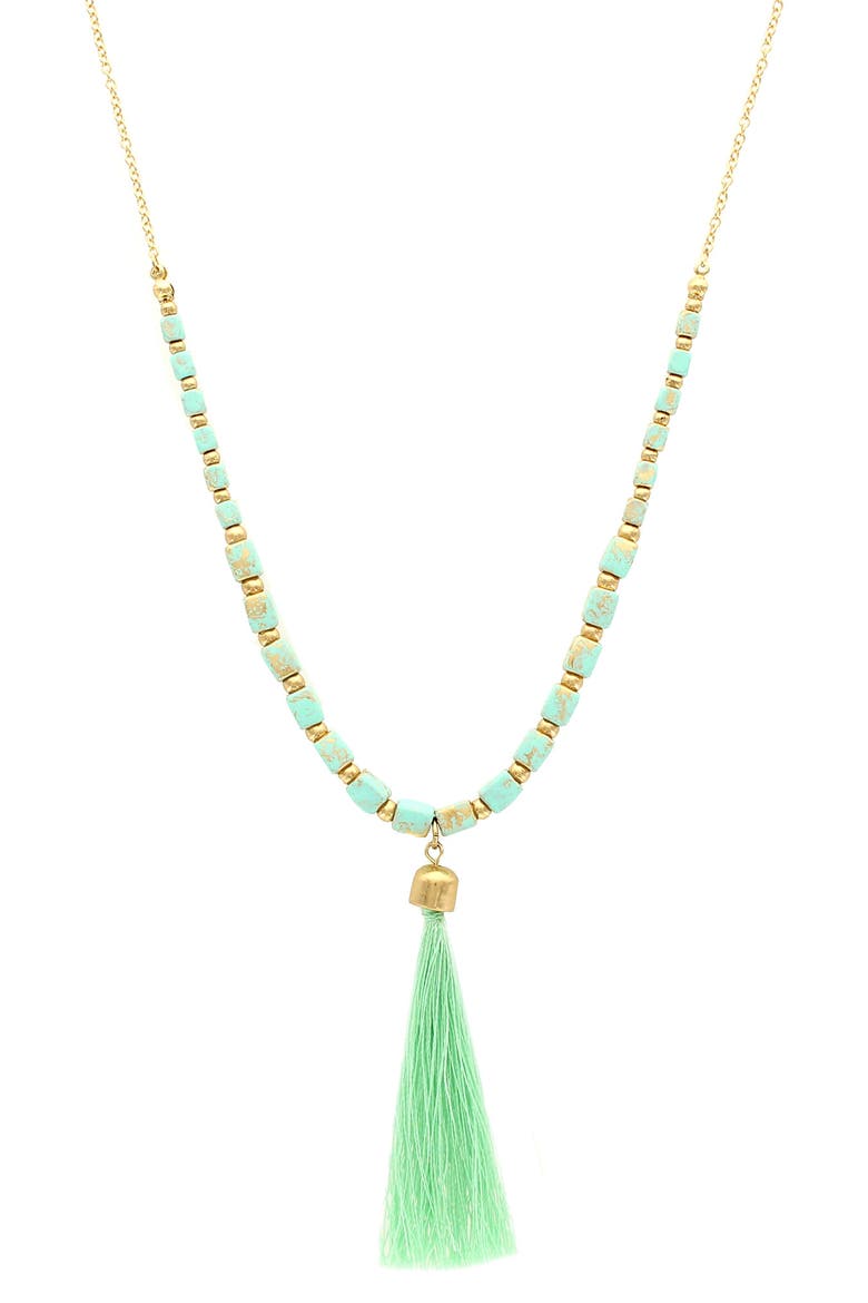 Patina Brick Tassel Necklace, Main, color, WORN GOLD / MINT