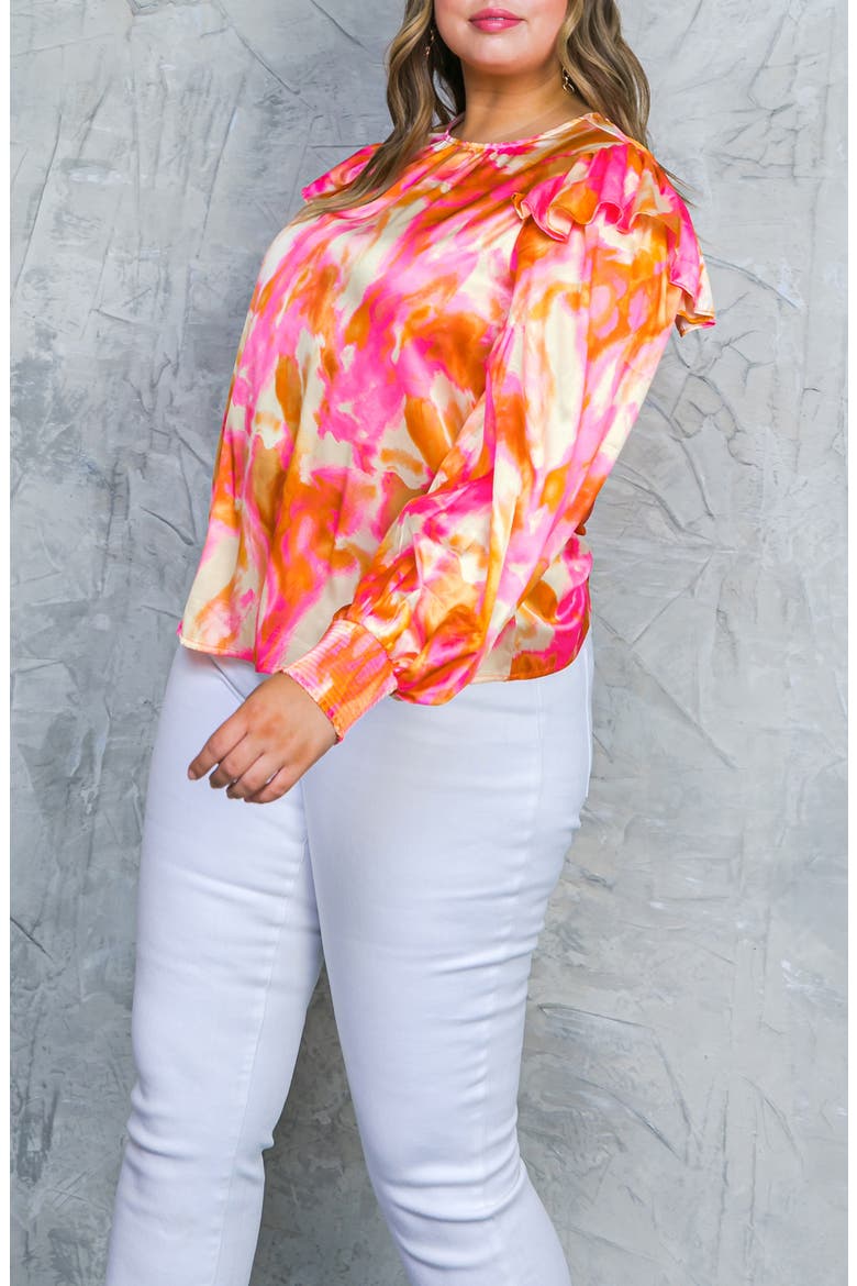 Ruffle Sleeve Satin Top, Alternate, color, PINK BROWN