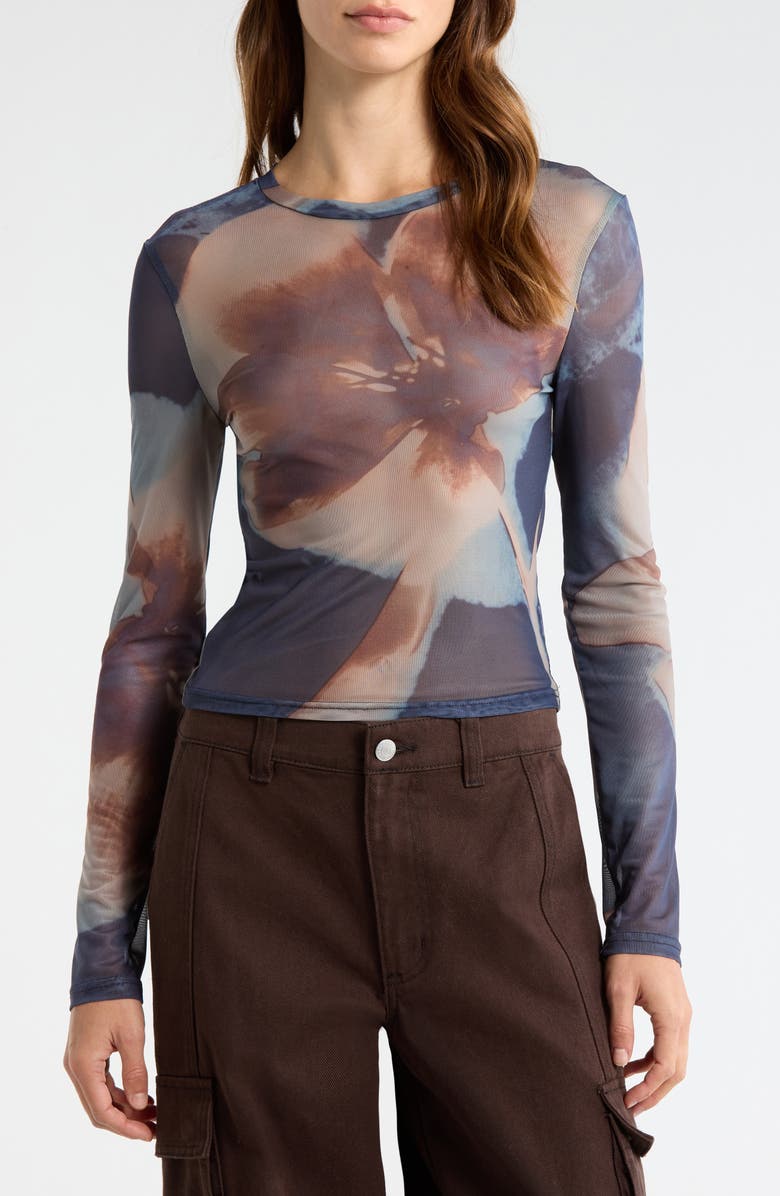 PacSun Orchid Print Long Sleeve Mesh T-Shirt, Main, color, Blue/ Brown Multi