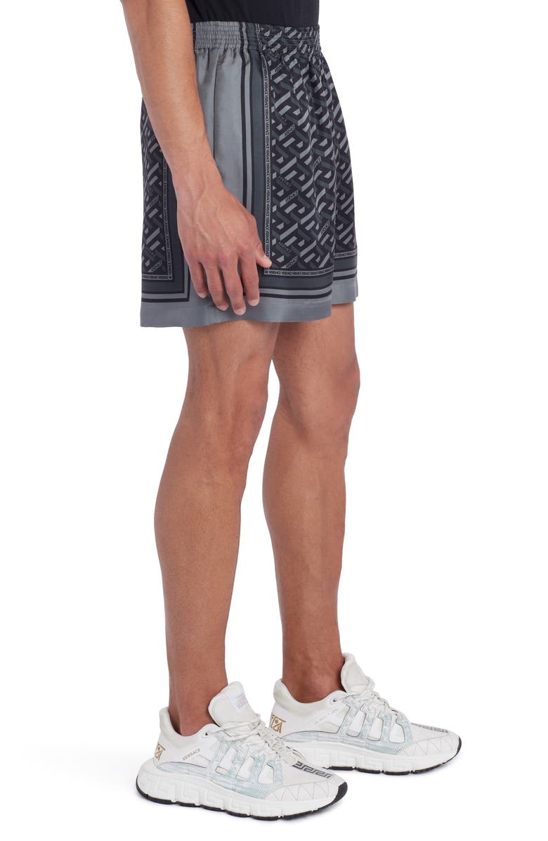 Versace La Greca Monogram Print Silk Twill Shorts, Alternate, color,