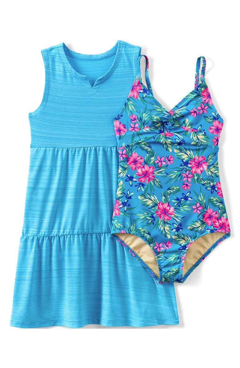 Lands' End Girls Chlorine Resistant Twist Front One Piece Swimsuit UPF Dress Coverup Set, Alternate, color, 