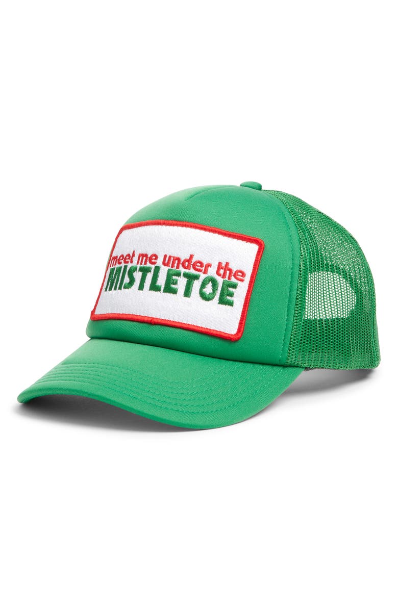 Friday Feelin’ Meet Me Under the Mistletoe Patch Trucker Hat, Main, color, Green