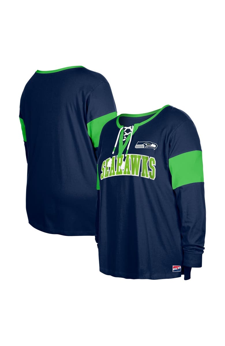 New Era Women's New Era College Navy Seattle Seahawks Plus Size Lace-Up Notch Neck Long Sleeve T-Shirt, Main, color, College Navy