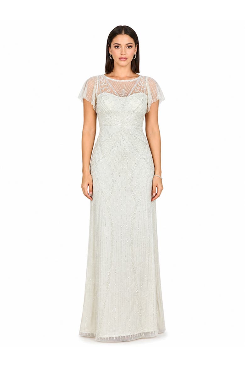 Beaded Faux-Wrap V-Neck Bridal Gown, Main, color, Ivory