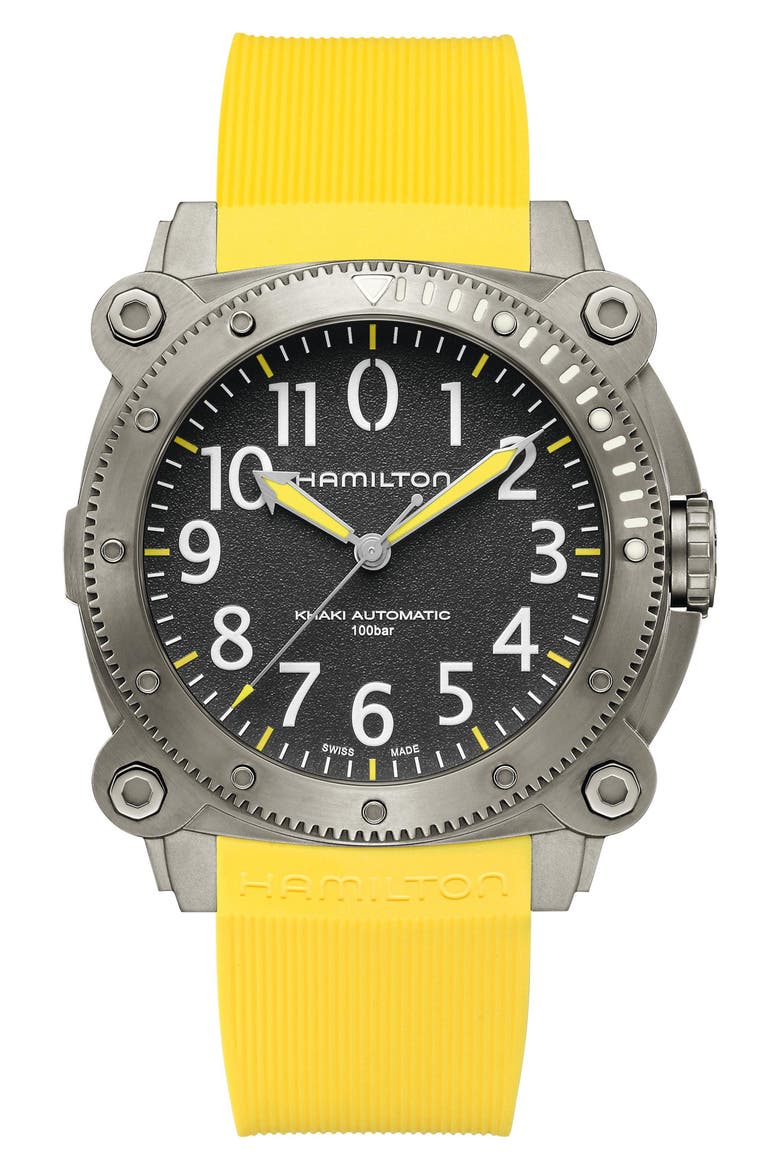 Khaki Navy BeLOWZERO Automatic Rubber Strap Watch, 46mm, Main, color, GREY