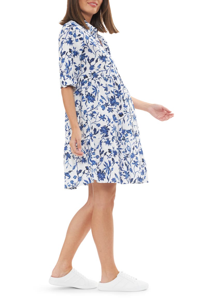 Bella Linen Maternity Shirt Dress, Alternate, color, WHITE / LAPIS