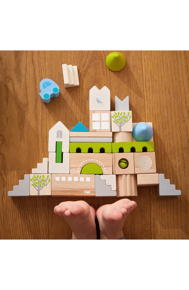 HABA Wooden Block Coburg Set - 28 Piece Building Block Set for Toddlers and Kids - Wooden Stacking Toys Made in Germany, For 18 Months and Up, Alternate, color, Green Multi