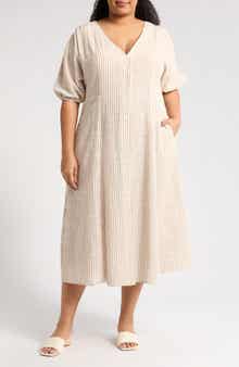 MAX STUDIO Yarn Dye Puff Sleeve Maxi Dress