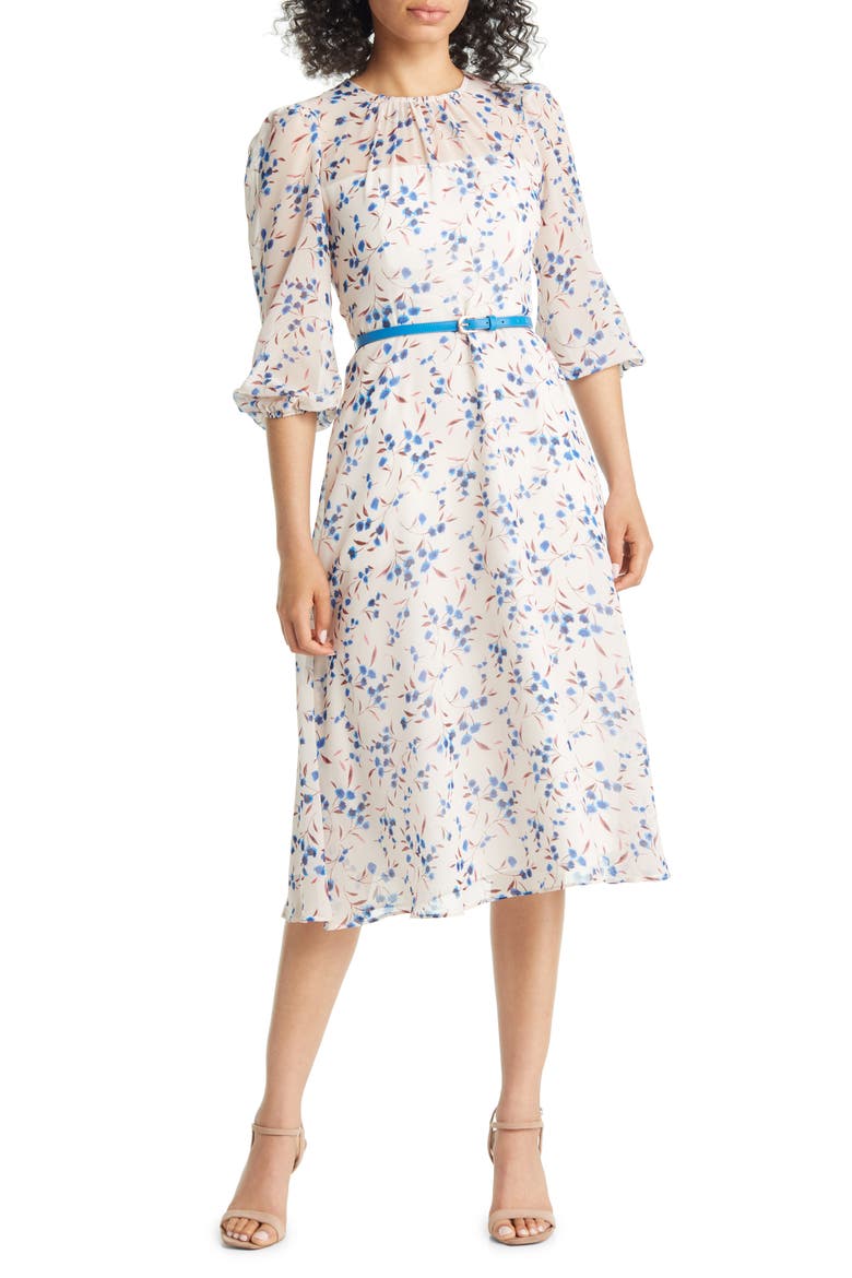 Floral Print Belted Midi Dress, Main, color, IVORY