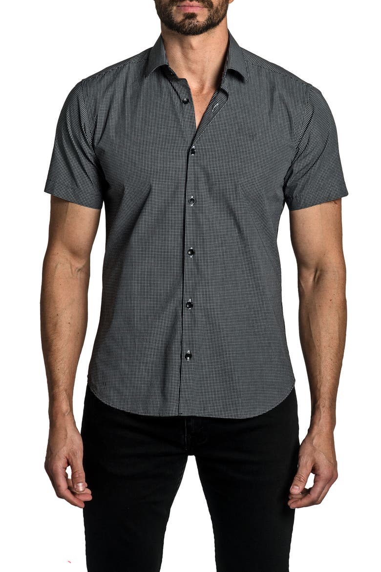 Trim Fit Grid Print Short Sleeve Cotton Button-Up Shirt, Main, color, BLACK