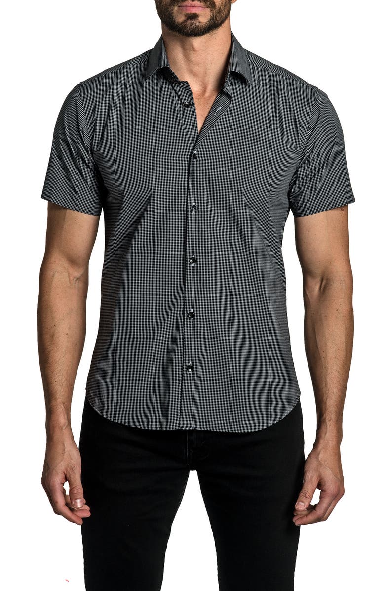 Jared Lang Trim Fit Grid Print Short Sleeve Cotton Button-Up Shirt, Main, color, Black