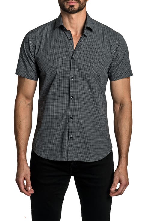 Trim Fit Grid Print Short Sleeve Cotton Button-Up Shirt