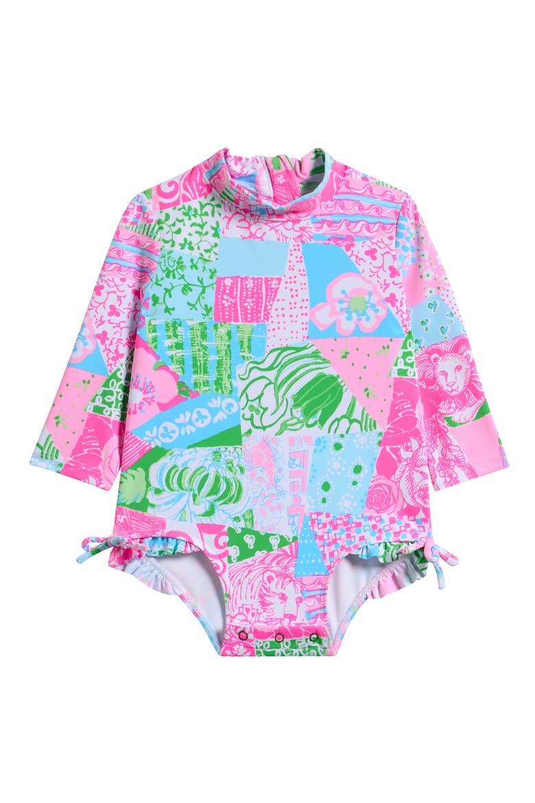 Idella Ruffle Long Sleeve UPF 50+ One-Piece Rashguard Swimsuit, Main, color, MULTI CRAZY QUILT