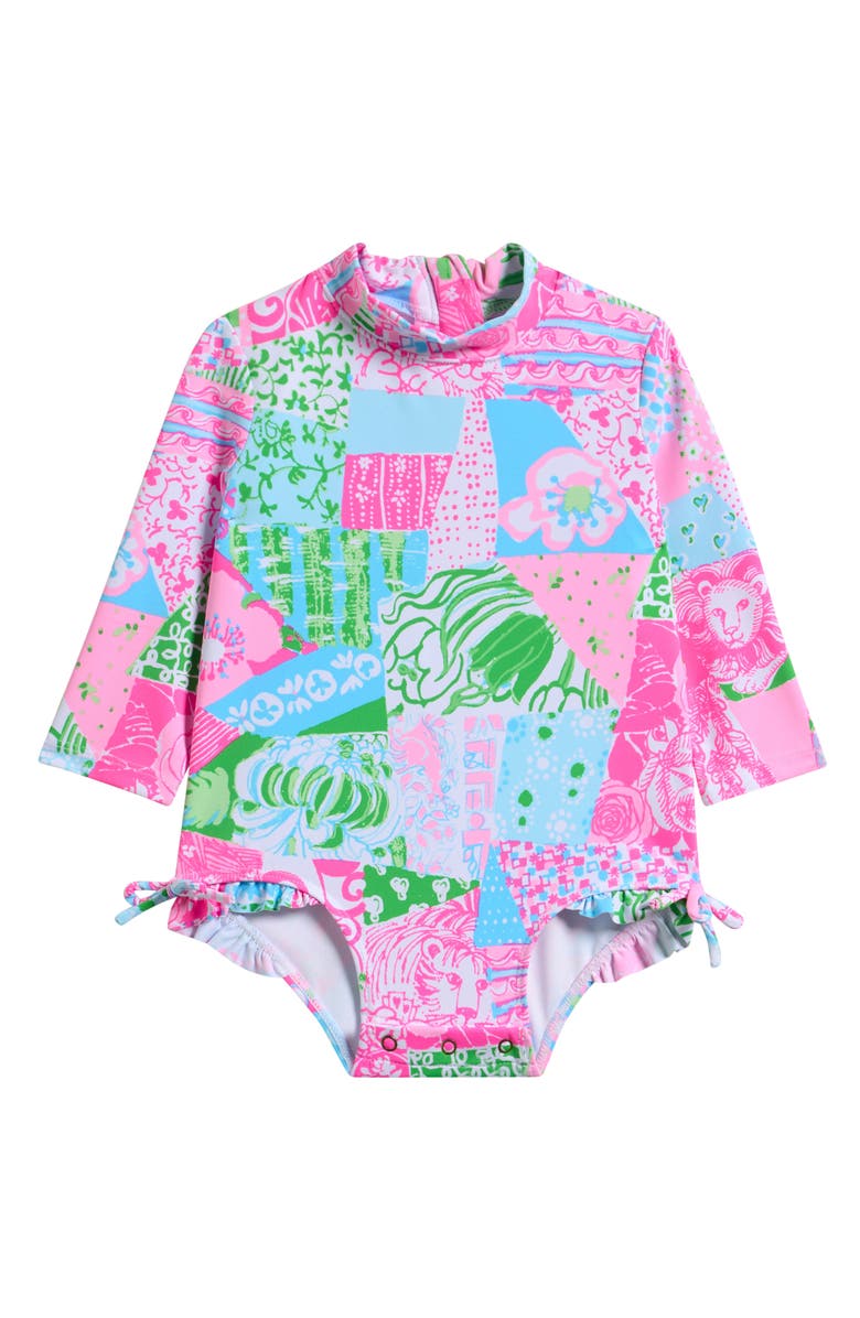Lilly Pulitzer<sup>®</sup> Idella Ruffle Long Sleeve UPF 50+ One-Piece Rashguard Swimsuit, Main, color, Multi Crazy Quilt