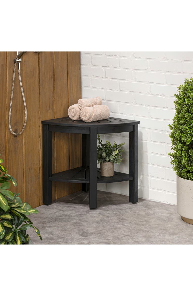 JONATHAN Y Maris 18" Classic Coastal Solid Acacia Wood Indoor/Outdoor Corner Shower Bench with Shelf, Alternate, color, Black