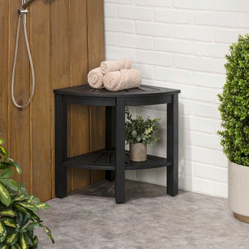 Jonathan Y Maris 18" Classic Coastal Solid Acacia Wood Indoor/outdoor Corner Shower Bench With Shelf In Black