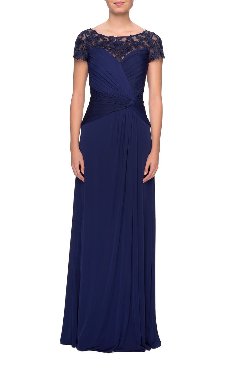 La Femme Jersey Dress with Ruching and Floral Neckline, Main, color, Navy