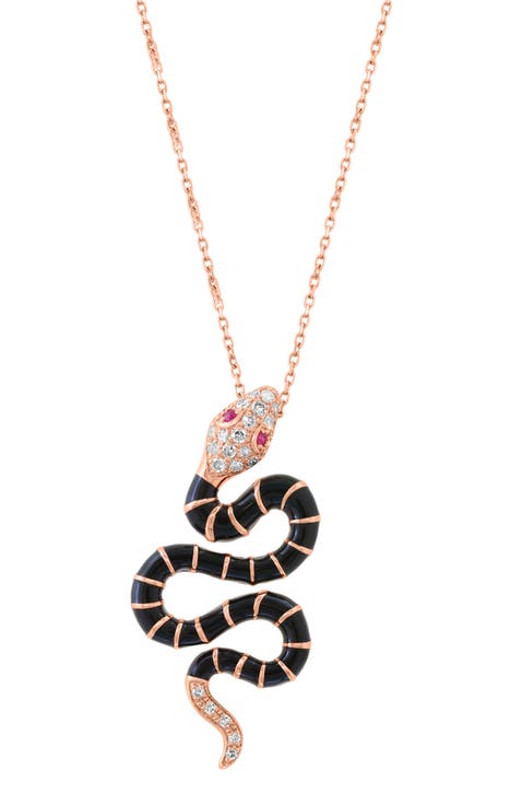 Ruby, Black Diamond & Diamond Snake Necklace in 14K Rose Gold