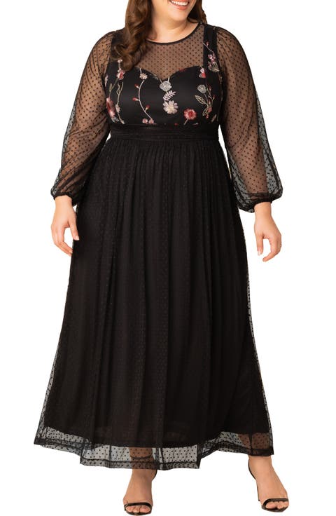 Mystique Embroidered Bodice Long Sleeve Mesh Gown (Plus)