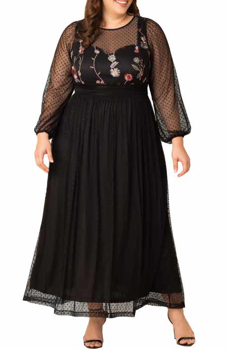 Kiyonna Mystique Embroidered Bodice Long Sleeve Mesh Gown